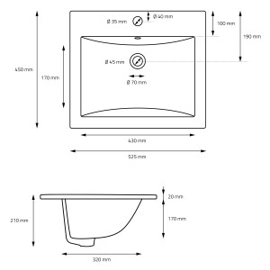 Technische Zeichnung: ML-Design Waschbecken, 52,5x45 cm, Keramik weiß, eckig, mit Maßen.