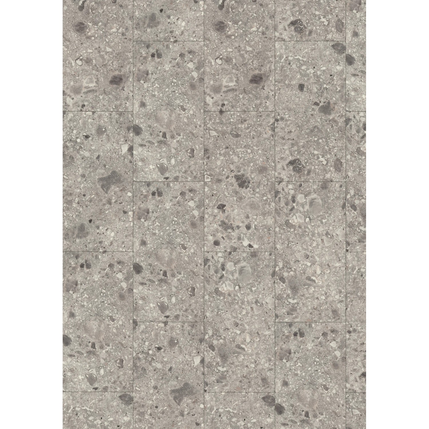 Egger Aqua Laminat ELF021 Triestino Terrazzo Grau, verlegter Boden mit Terrazzo-Optik.