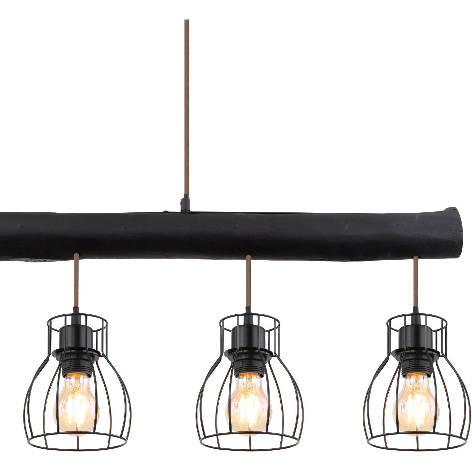 Globo Hängeleuchte Mina, 5-flammig, schwarz-matte Metallgitter und Holzbalken, Pendelleuchte