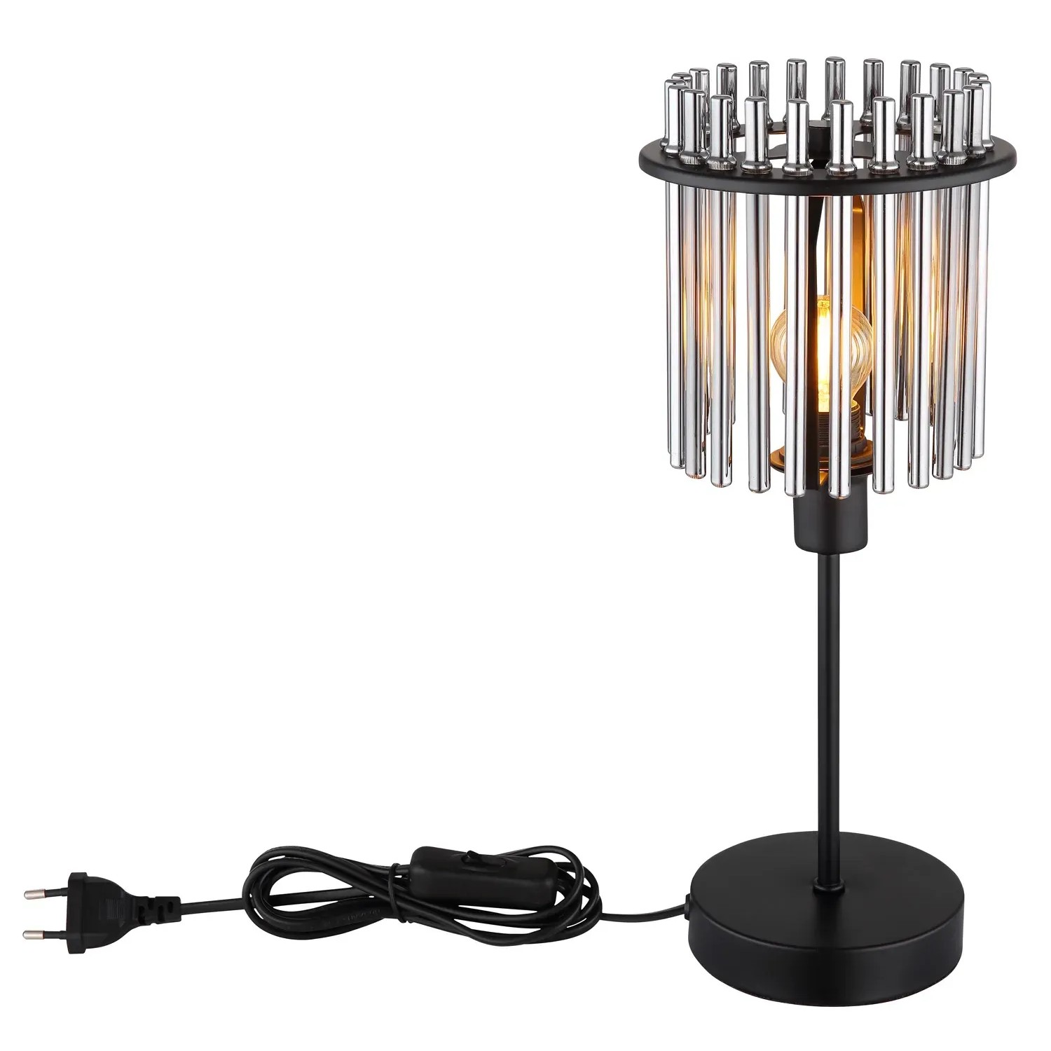 Globo Tischleuchte Gorley, schwarz/rauchfarben, Ø 15 cm. Design-Tischlampe mit Glasstäben.