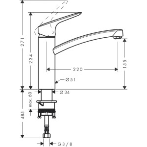 Technische Zeichnung Hansgrohe Logis Küchenarmatur, 160mm, Chrom, Maße und Anschlüsse