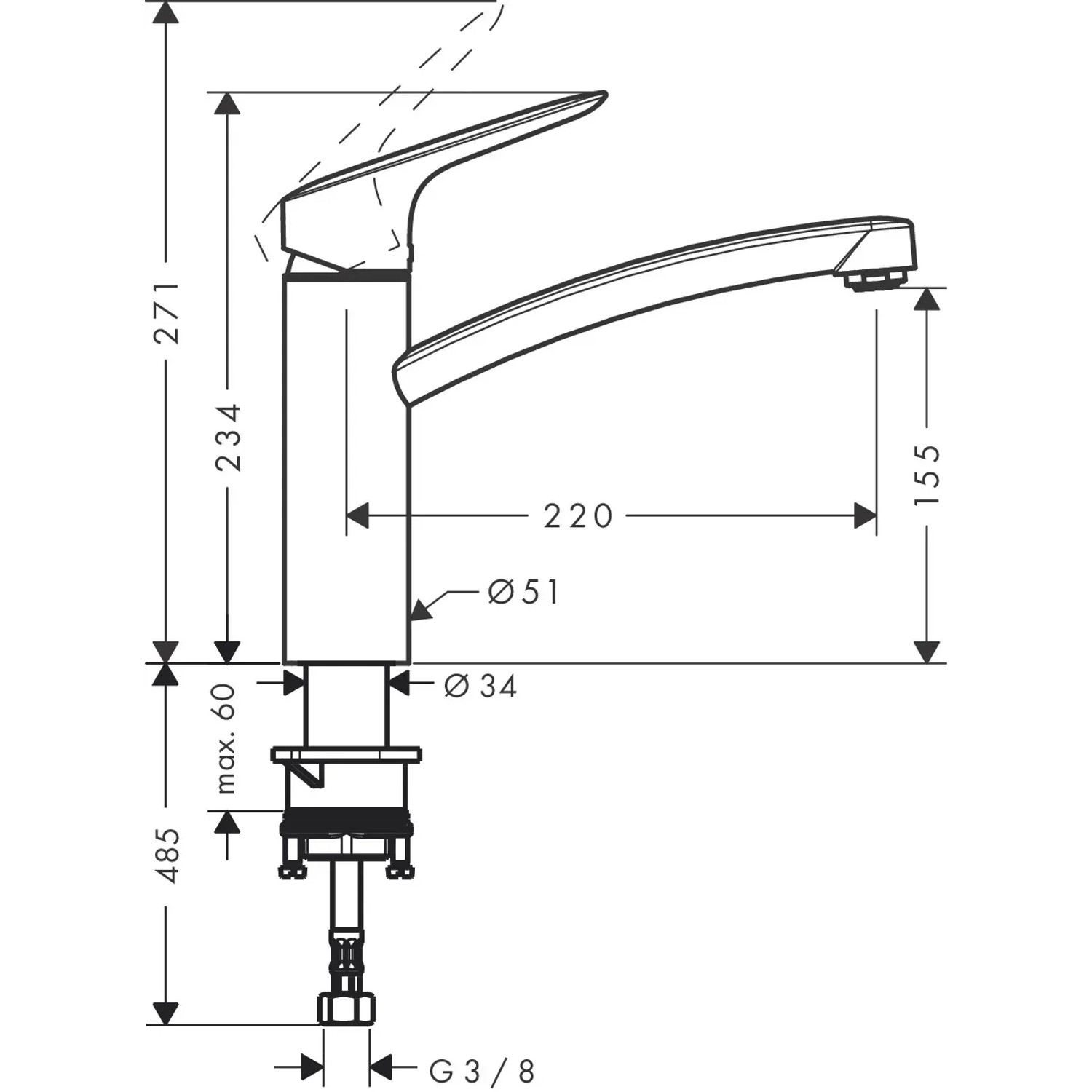 Technische Zeichnung Hansgrohe Logis Küchenarmatur, 160mm, Chrom, Maße und Anschlüsse