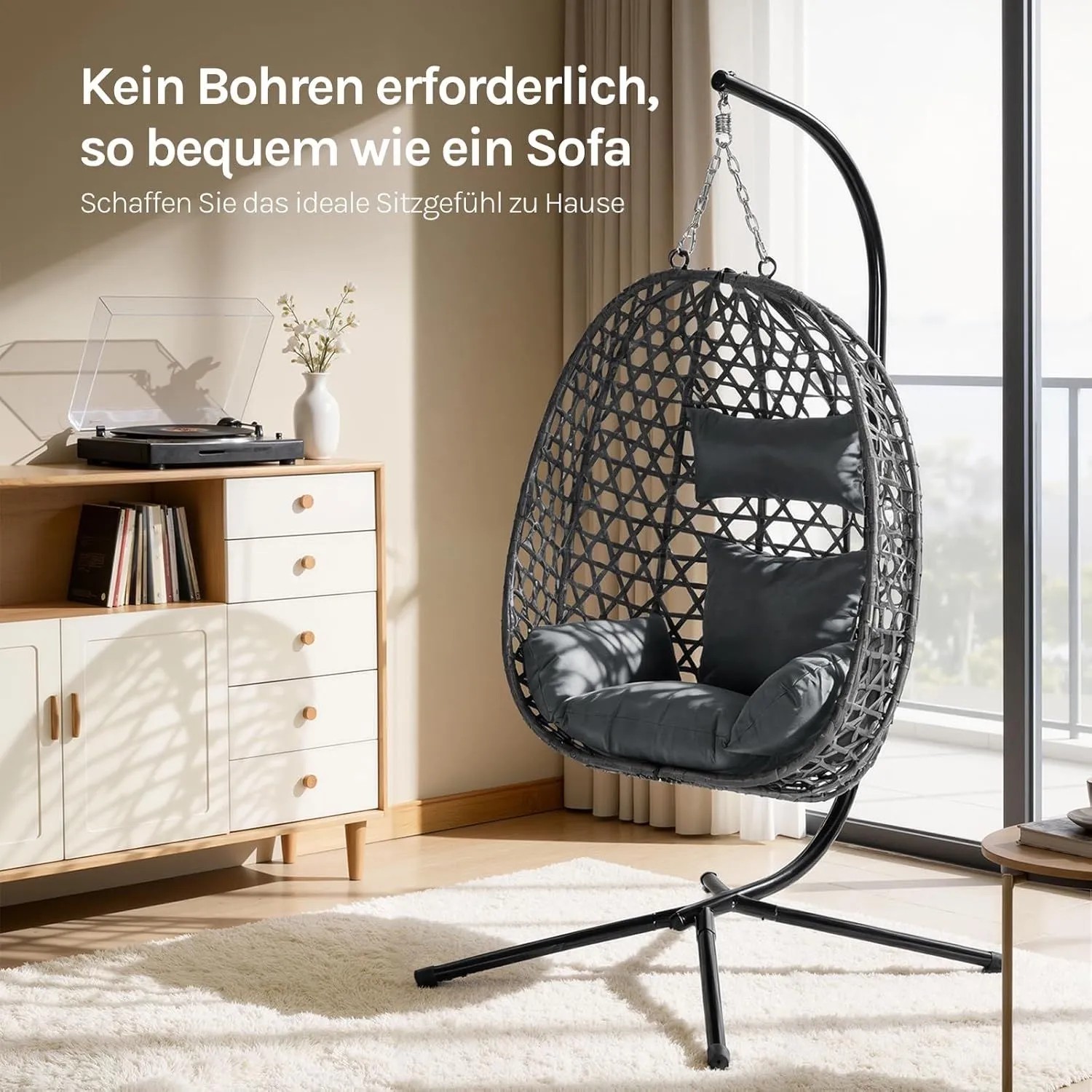 WOLTU Hängesessel mit Kissen, schwarz/grau PE-Rattan, Metallgestell. Belastbar bis 150kg, ohne Bohren.