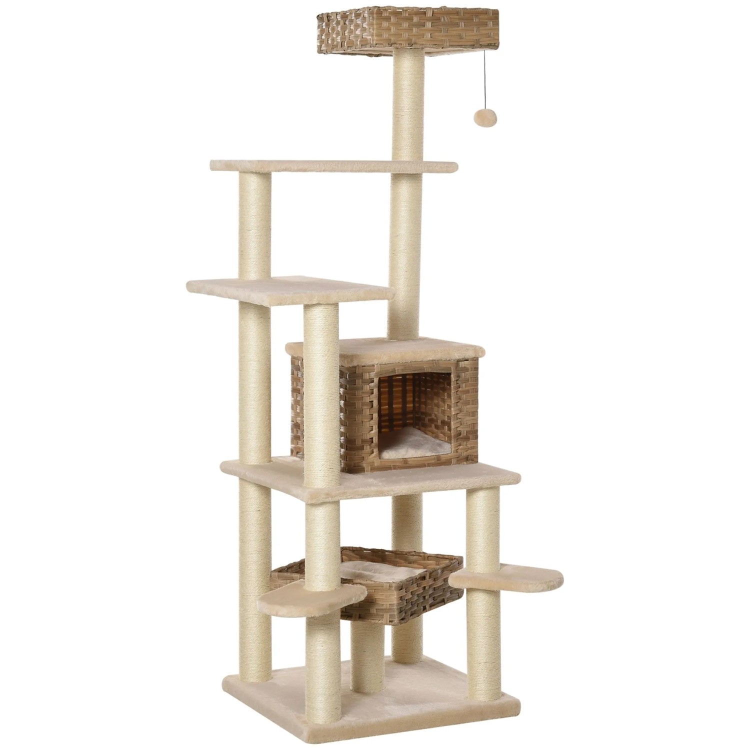 PawHut Rattan Kratzbaum mit Katzenhöhle E1 MDF Sisal 55 x 55 x 174cm
