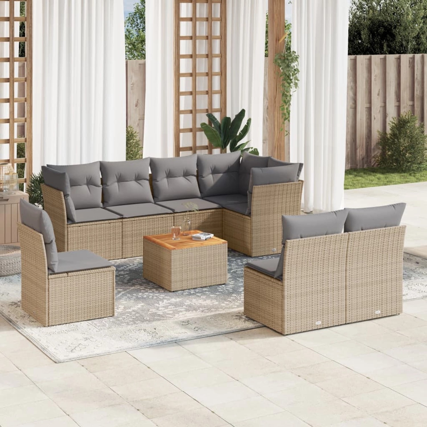 Beige 9-teilige Garten-Sofagarnitur aus Polyrattan mit Kissen und Tisch für Terrasse oder Garten.