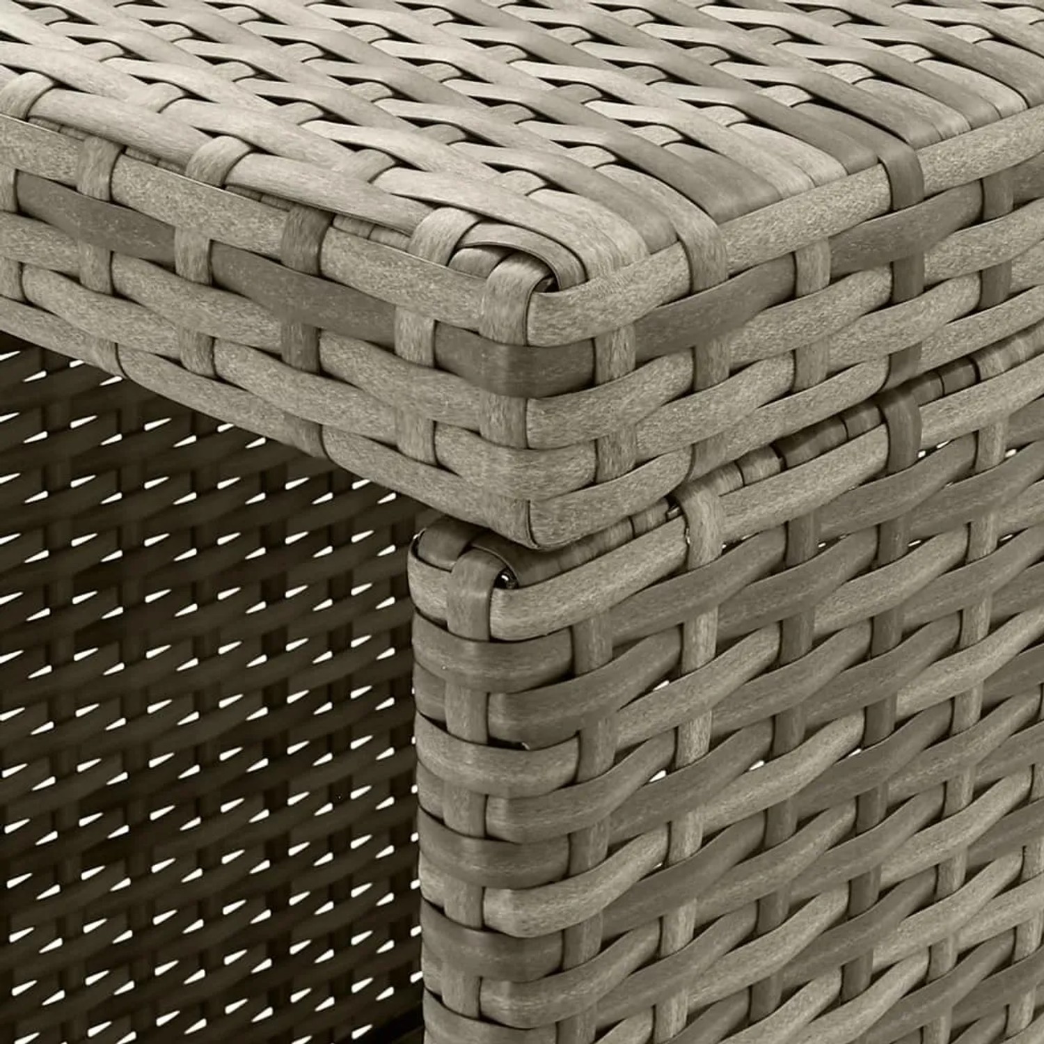 Detailansicht: Graues vidaXL Gartenbar-Set aus Polyrattan, Tischkante und Flechtmuster.