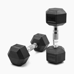 Zwei schwarze Suprfit Hex Gummi-Kurzhanteln, 8 kg, mit gerändeltem Griff. Ideal für Krafttraining & Fitness.