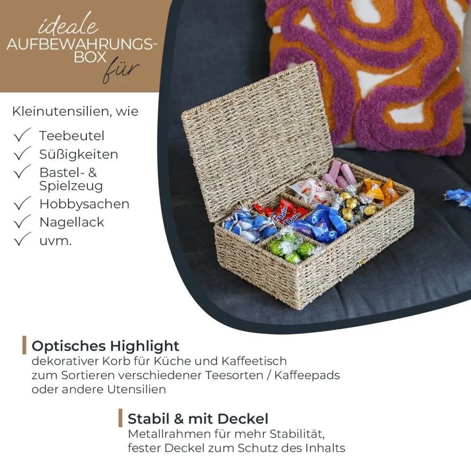 HMF Aufbewahrungsbox aus geflochtenem Seegras mit 8 Fächern, offen auf Sofa, gefüllt mit bunten Süßigkeiten. Für Ordnung in Küche.