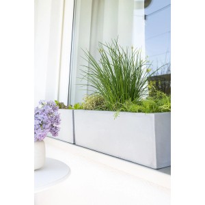 Vivanno Pflanzkasten Flobo in Betonoptik Grau, bepflanzt mit Kräutern und Blumen auf einer Fensterbank.