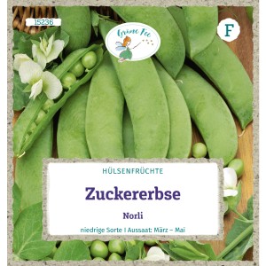 Saatgutpackung Grüne Fee Zuckererbse Norli mit Erbsenschoten und Blüten.