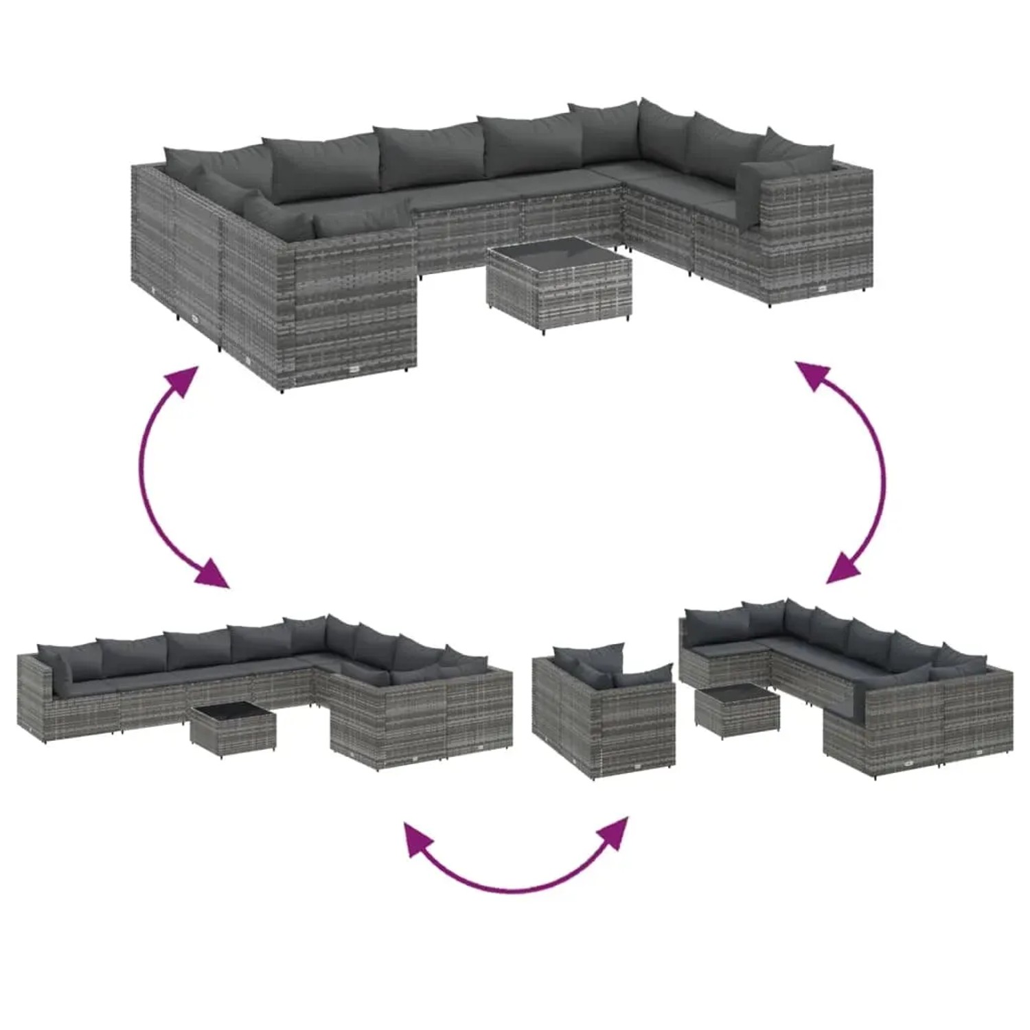 Graue 10-tlg. vidaXL Garten-Sofagarnitur aus Poly Rattan mit Kissen und Tisch, verschiedene Aufbauvarianten.