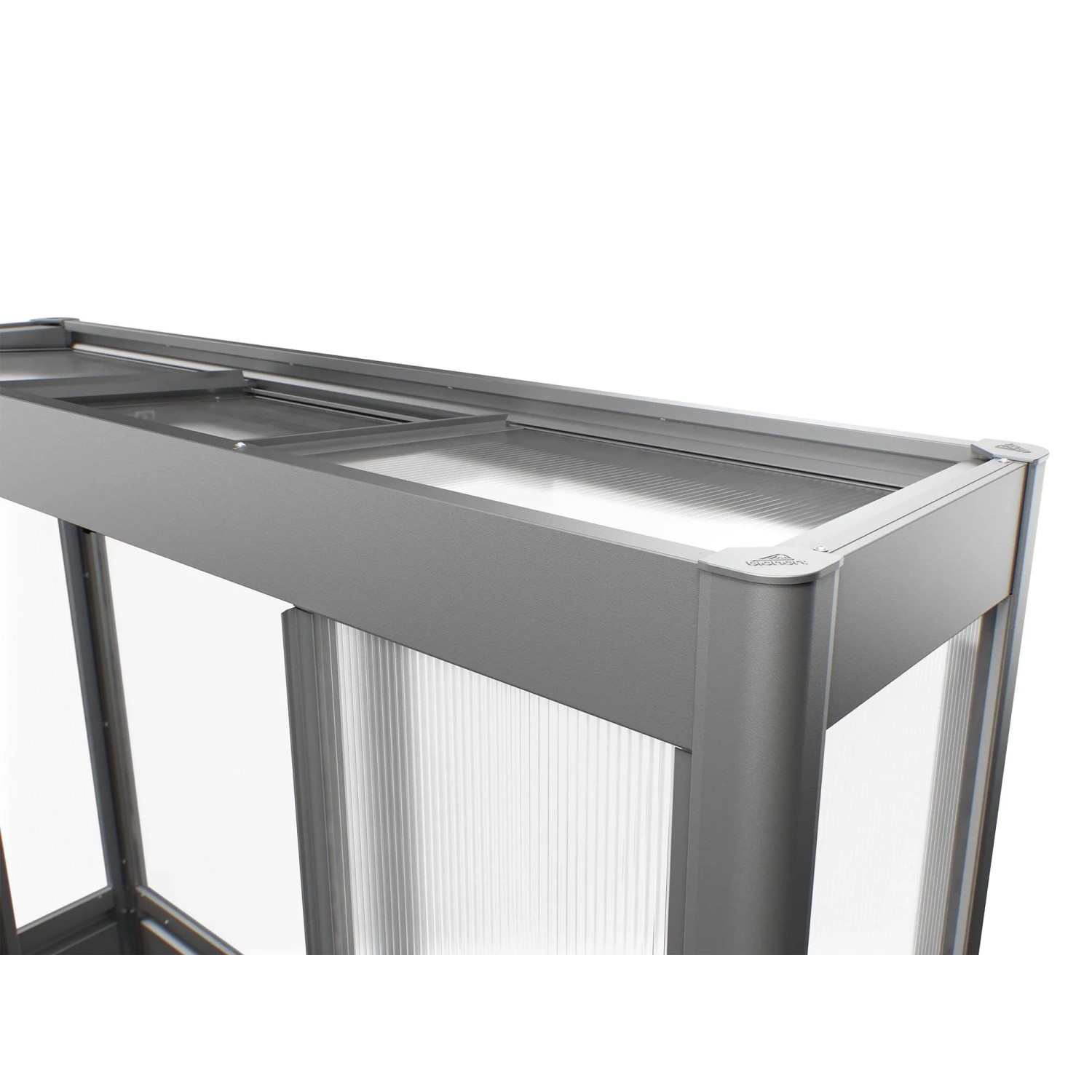 Oberer Teil des quarzgrau-metallic Gewächshauses Florentina. Transparente Dachplatten und Belüftung für Hochbeet-Zubehör.