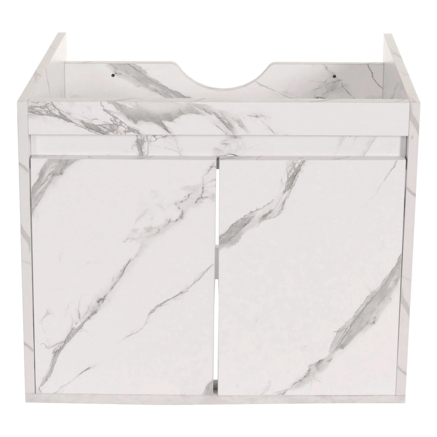 MCW Waschbeckenunterschrank L86 in Marmor-Optik Weiß mit 2 Türen und Siphon-Aussparung.