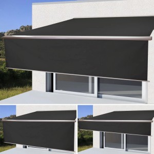 Anthrazitfarbene MCW Kassettenmarkise 4,5x3m mit Volant ausfahrbar, montiert an einer Hauswand.