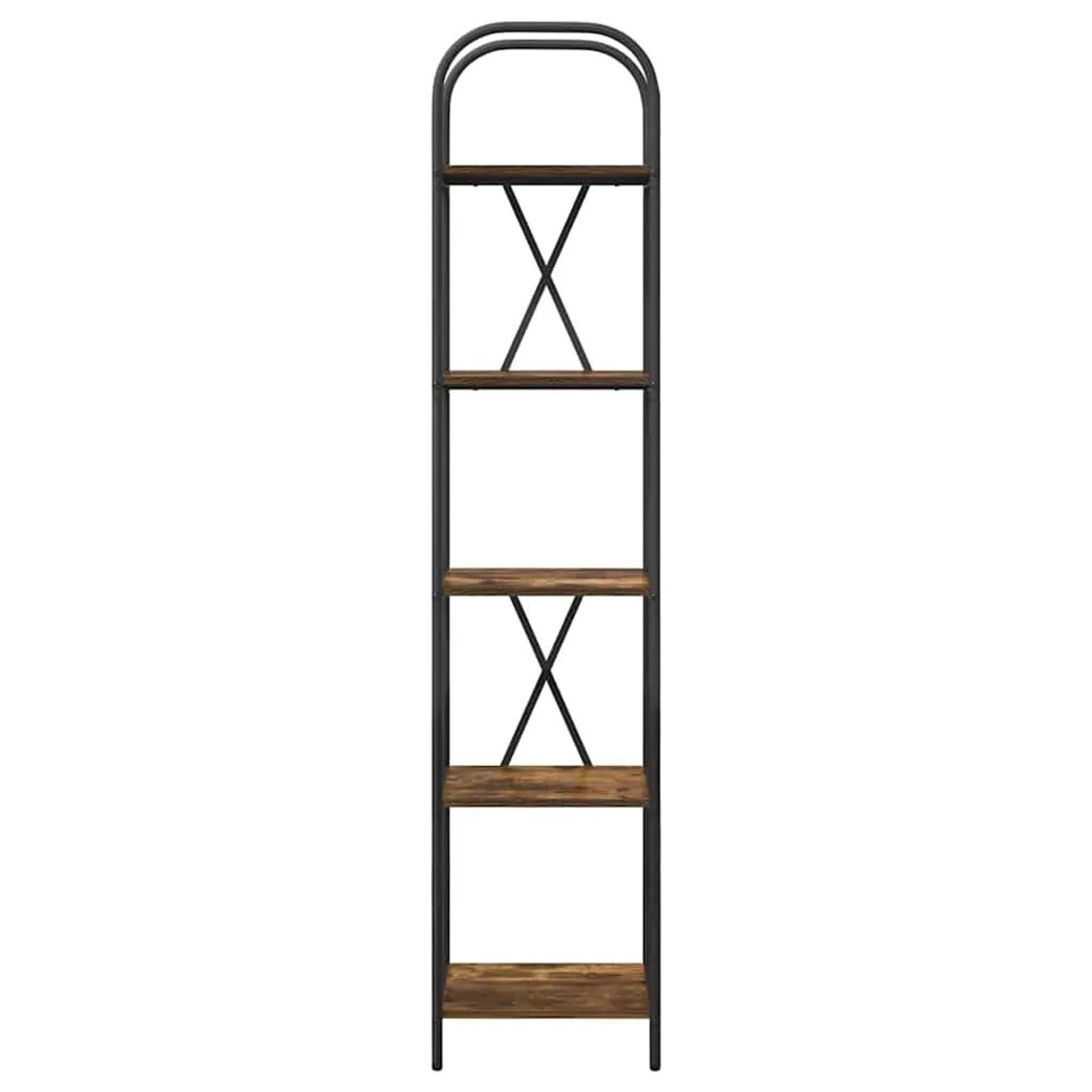 Modernes Bücherregal Geräucherte Eiche, 5 Holzwerkstoff-Regale, schwarzer Metallrahmen mit X-Streben, 183 cm hoch.