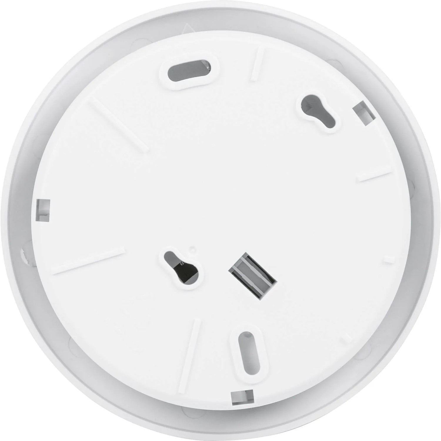 Unterseite der weißen Homematic IP Alarmsirene für den Innenbereich, Detailansicht.