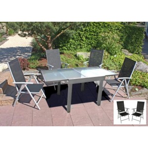 DELUKE Garten-Sitzgruppe ARNE 7-tlg. Aluminium Grau Gartenmöbel-Set Gartengarnitur Garten-Essgruppe Hochlehner-Klappstühle Esstisch