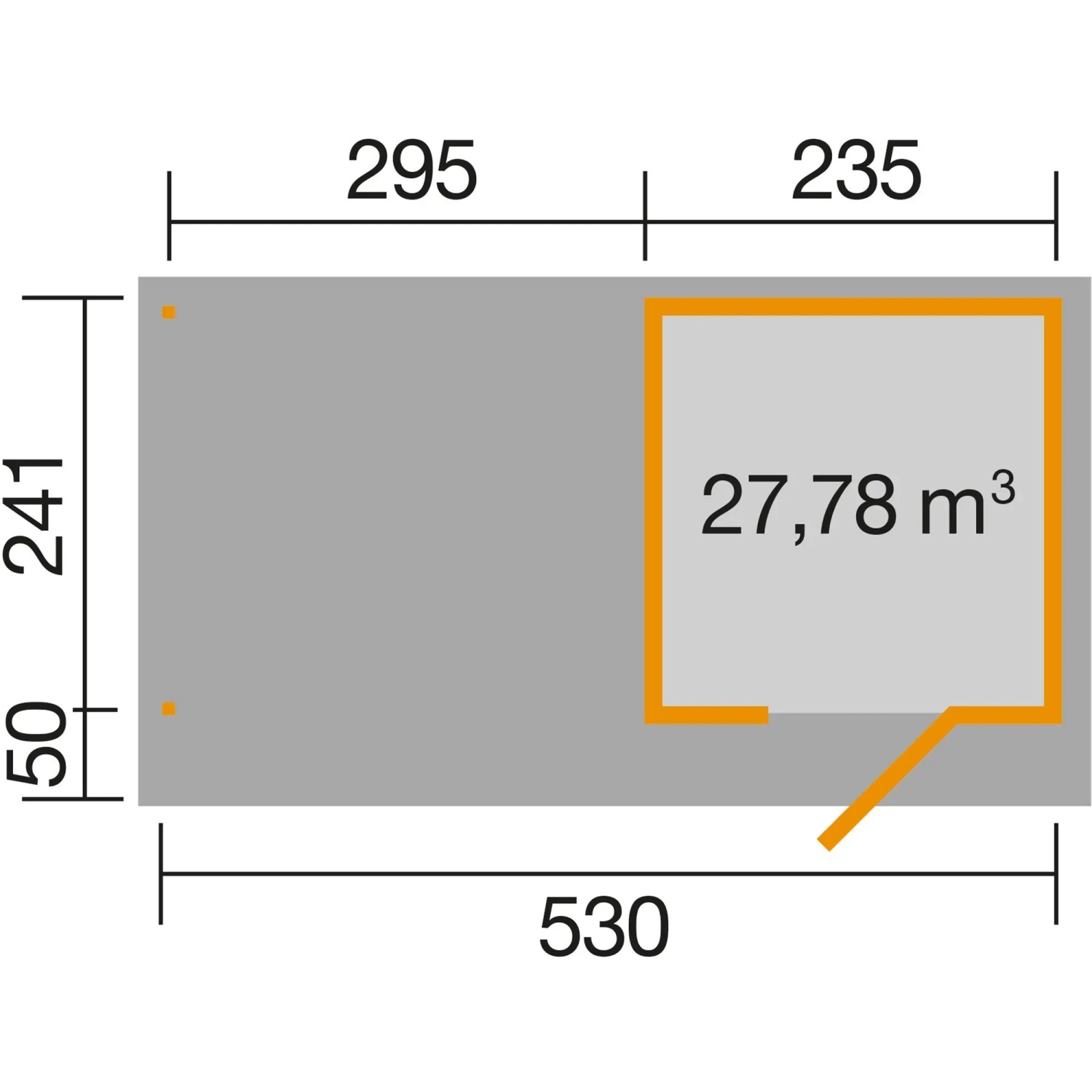 Grundriss Weka Gartenhaus wekaLine Anthrazit 530x240cm mit Anbaudach (295cm): Maße und Raumaufteilung.