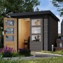 Karibu Gartenhaus Diego B, terragrau-anthrazit, 4,45 m², mit offenen Doppeltüren und modernen Design.