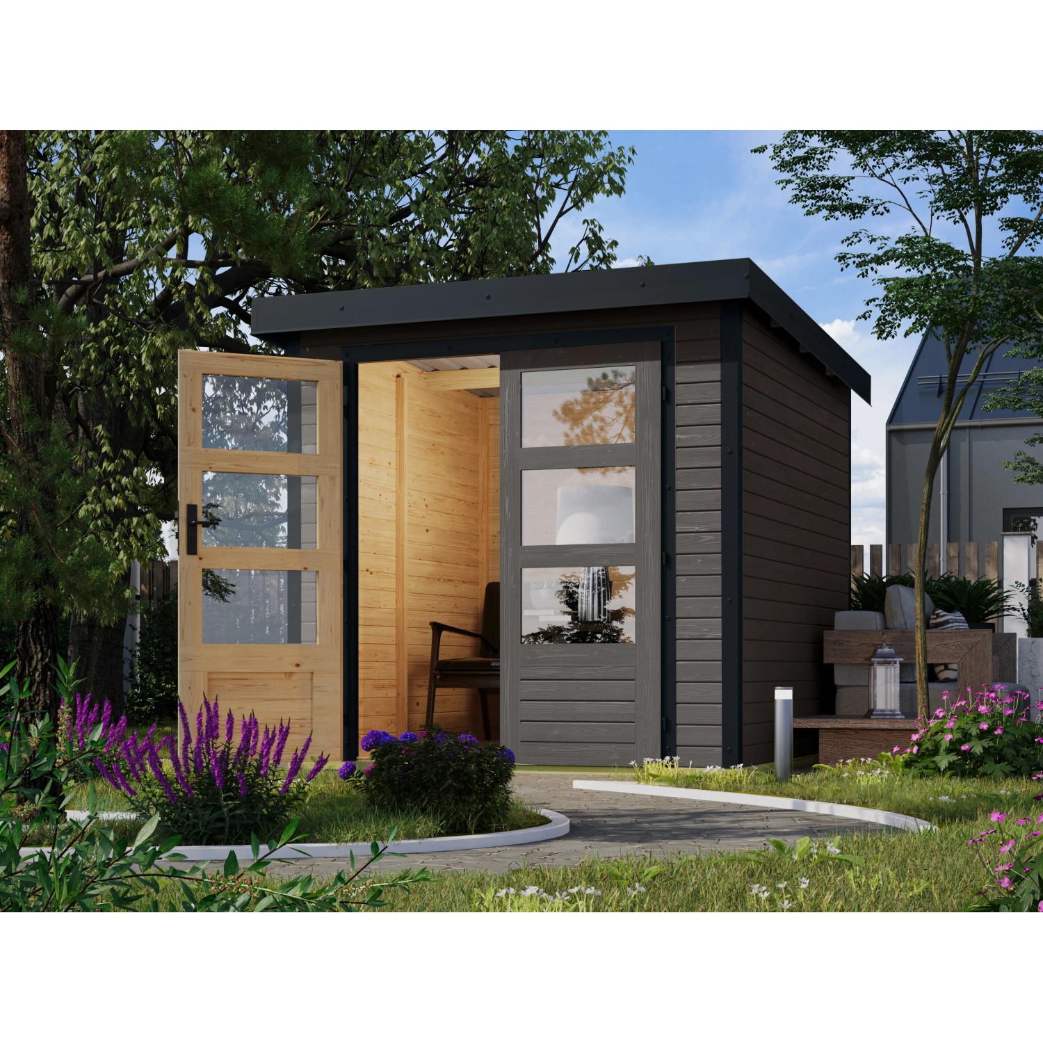 Karibu Gartenhaus Diego B, terragrau-anthrazit, 4,45 m², mit offenen Doppeltüren und modernen Design.