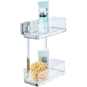 Wenko Vacuum-Loc Wandregal Quadro mit 2 Etagen aus Edelstahl, befüllt mit Badutensilien.