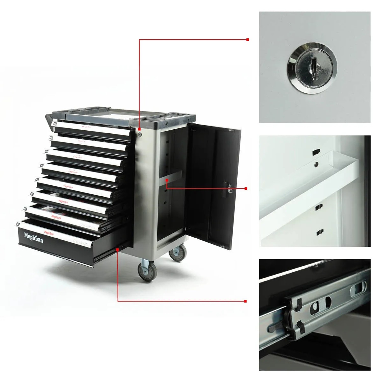 Mephisto Premium Werkzeugwagen mit 8 Schubladen, Ringschlüssel-Set, abschließbarer Tür und Rollen.