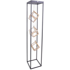 Näve LED-Stehleuchte Tripolis, 140 cm, Design-Lampe mit drei goldfarbenen Würfeln in schwarzem Rahmen.