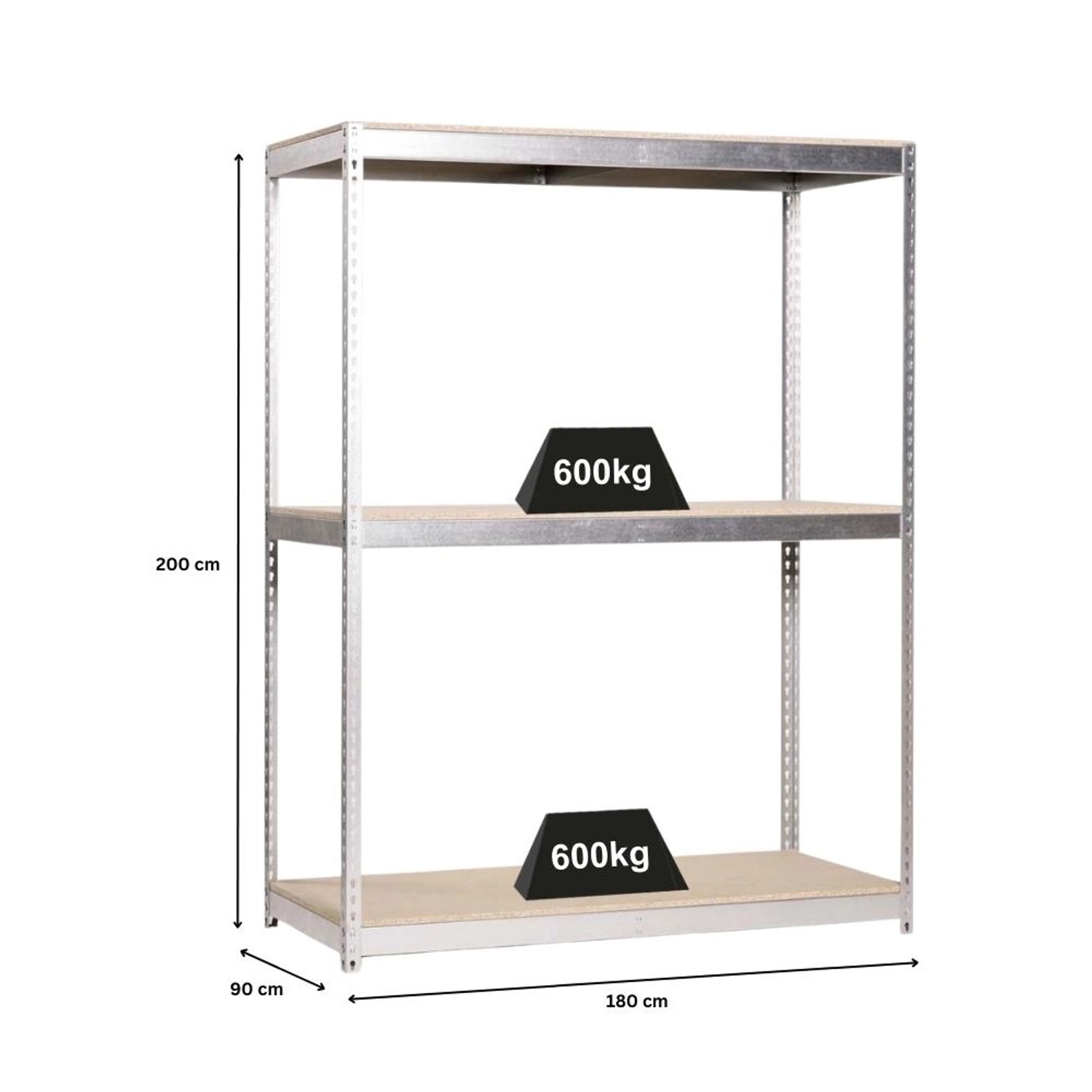 Verzinktes PROREGAL Schwerlastregal Wood Beast mit 3 Ebenen, 200x180x90 cm, Fachlast 600 kg.