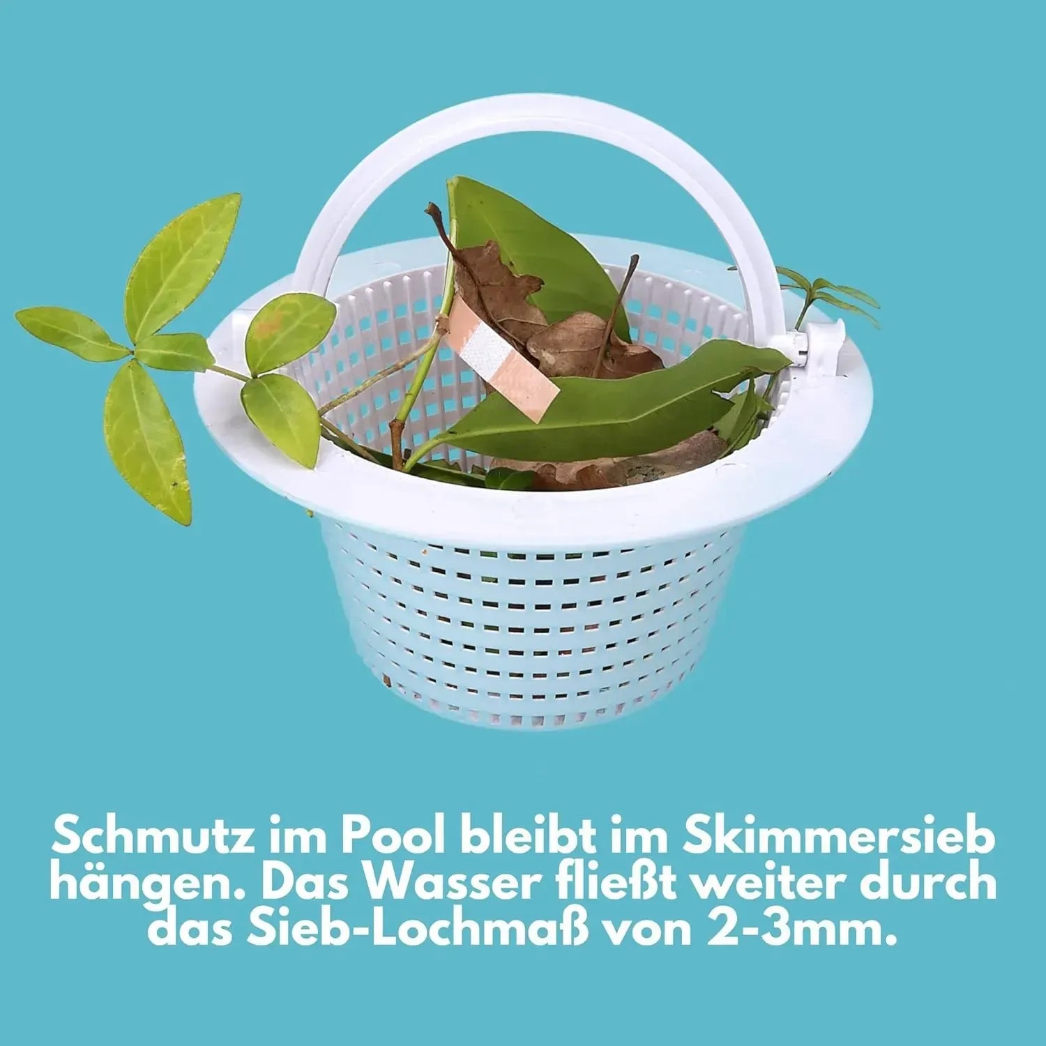Weißer Amapool Skimmer Korb 16 cm gefüllt mit Blättern und Ästen für die Poolreinigung.