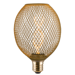 ENOVALITE LED Filament Leuchtmittel mit goldenem Gitterdesign und E27 Fassung.