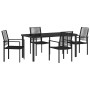 Schwarzes 5-teiliges Garten-Esszimmer-Set aus PVC-Rattan mit Tisch und vier Stühlen.
