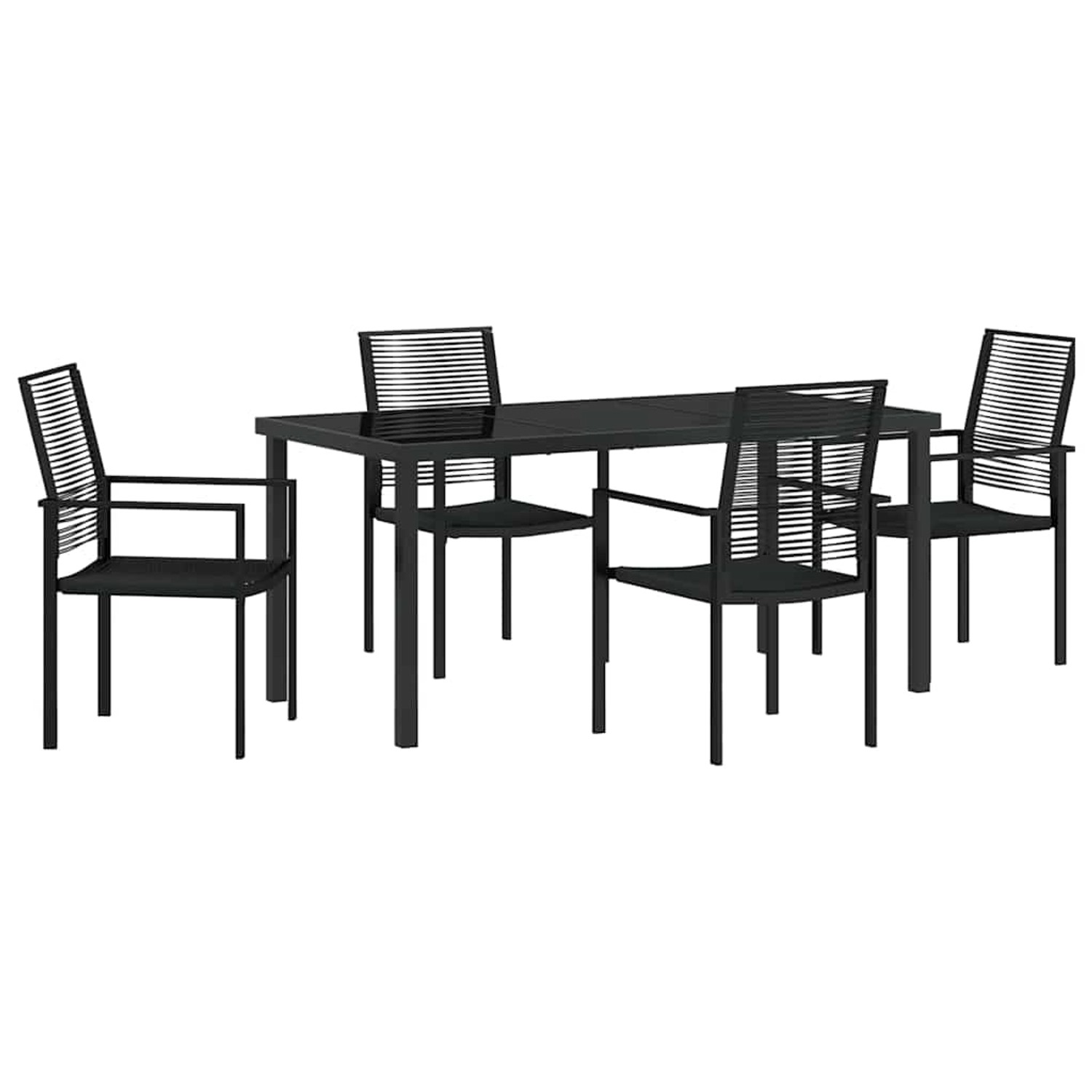 Schwarzes 5-teiliges Garten-Esszimmer-Set aus PVC-Rattan mit Tisch und vier Stühlen.