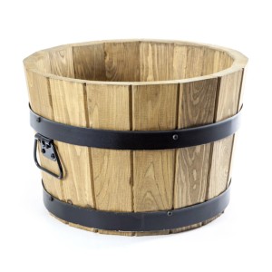 Runder HolzFee Pflanzkübel Rustikal Hell aus hellem Kiefernholz mit schwarzen Metallbändern und Griff. Für Garten & Terrasse.