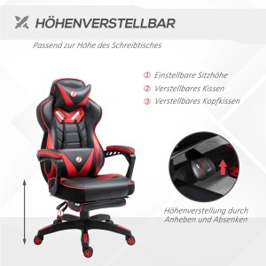 Höhenverstellbarer Vinsetto Bürostuhl in Schwarz-Rot mit verstellbarer Kopfstütze und ausziehbarer Fußstütze.