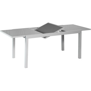 Ausziehbarer, rechteckiger, grauer Gartentisch (220x90cm) von Merxx mit Aluminiumgestell und Glasplatte.