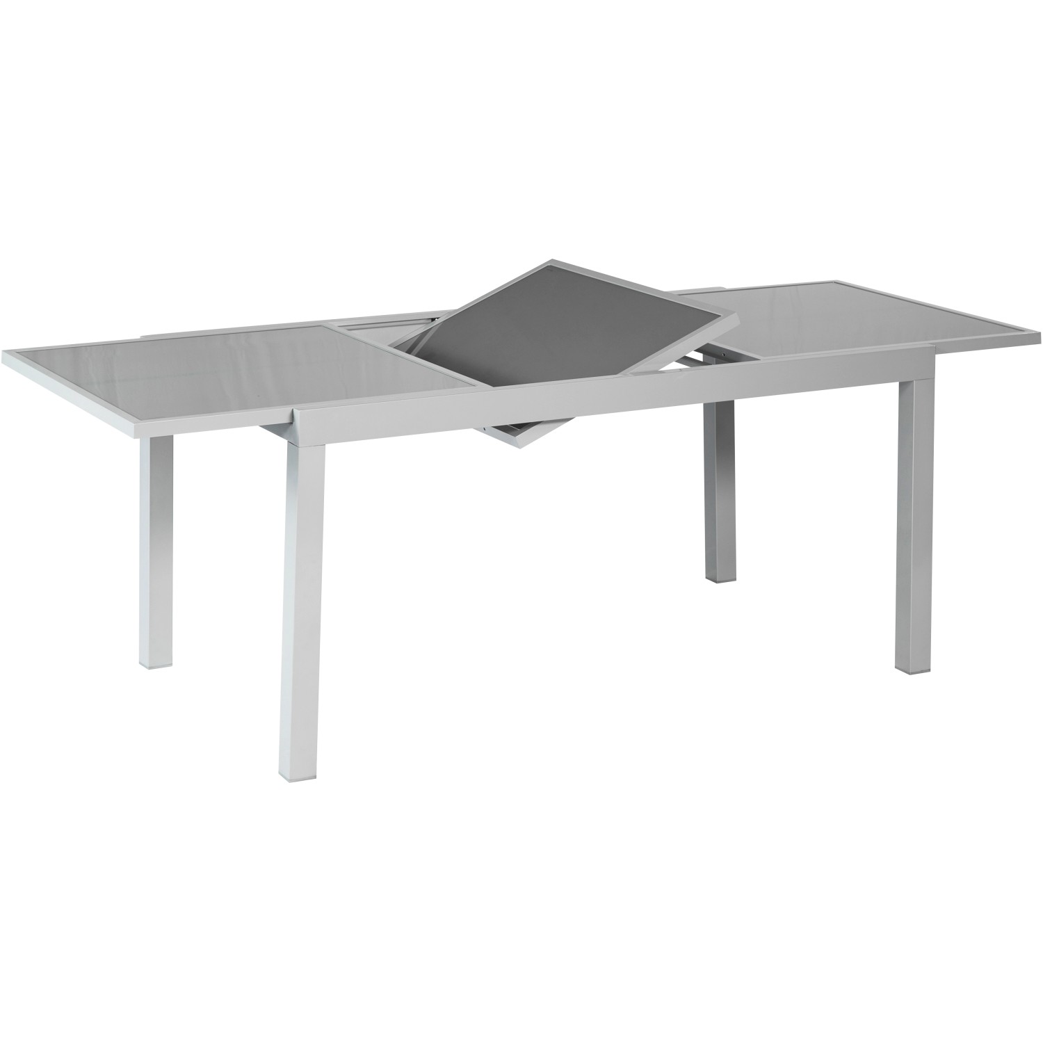 Ausziehbarer, rechteckiger, grauer Gartentisch (220x90cm) von Merxx mit Aluminiumgestell und Glasplatte.