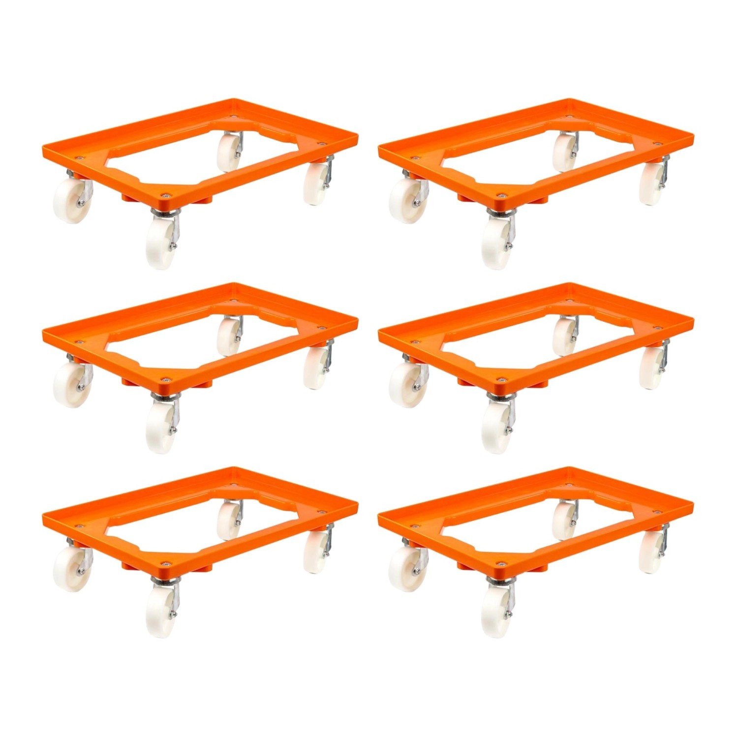 PROREGAL SparSet 6x Transportroller für Euroboxen 60 x 40 cm mit Kunststoffräder Orange Offenes Deck 2 Lenkrollen und 2 