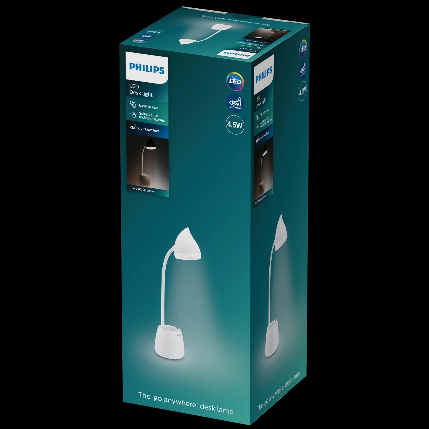 Verpackung der weißen Philips LED Schreibtischleuchte Hat mit Akku und Stiftehalter.