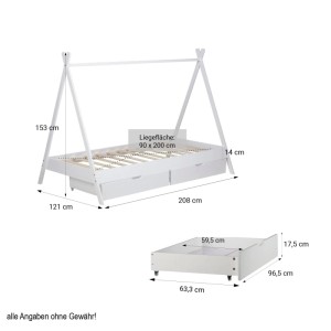 Weißes Hausbett 90x200 mit Lattenrost und 2 Bettkästen. Kinderbett aus Holz, Maße 153x121x208 cm.