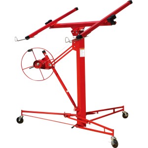 Roter Plattenheber für Gipskarton- und Spanplatten, höhenverstellbar, mit Rollen.