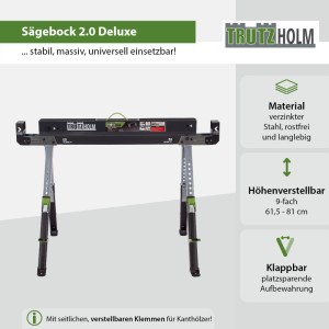 TRUTZHOLM Sägebock Deluxe, 9-fach höhenverstellbar, klappbar, Stahl, Traglast 650kg.