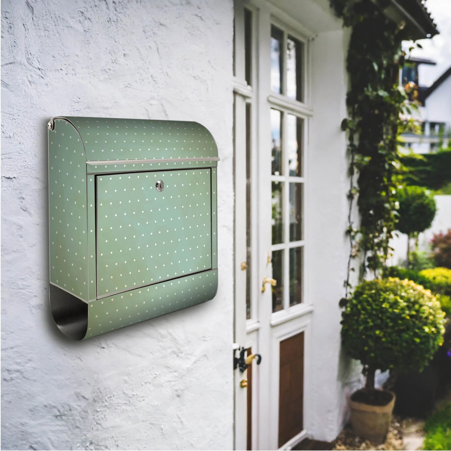Edelstahl Briefkasten mit Zeitungsfach und Punkte-Motiv an einer weißen Hauswand.