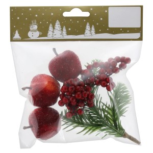 Weihnachtsdeko: 3 Äpfel mit Beeren und Tannenzweig im Beutel.