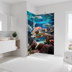 Schulte Duschrückwand DecoDesign mit Schildkröten-Motiv im Badezimmer.