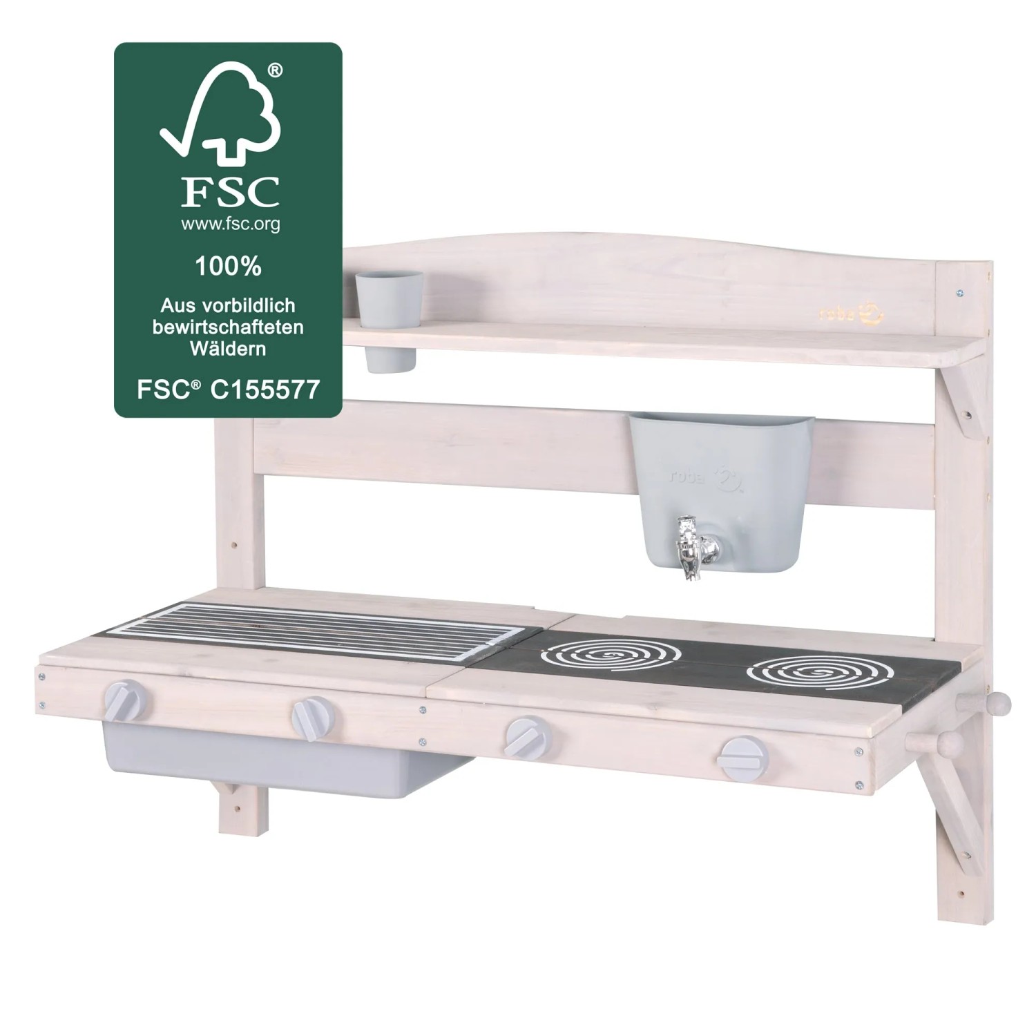 Graue roba Matschküche zum Hängen aus FSC-Holz mit Wasserhahn, Spüle und Kochfeld.