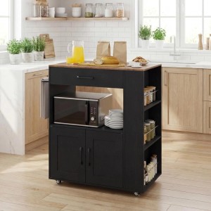 Schwarzer Küchenwagen mit Holz-Arbeitsplatte, Rollen, Schublade, Schrank und offenen Regalen für vielseitige Aufbewahrung.