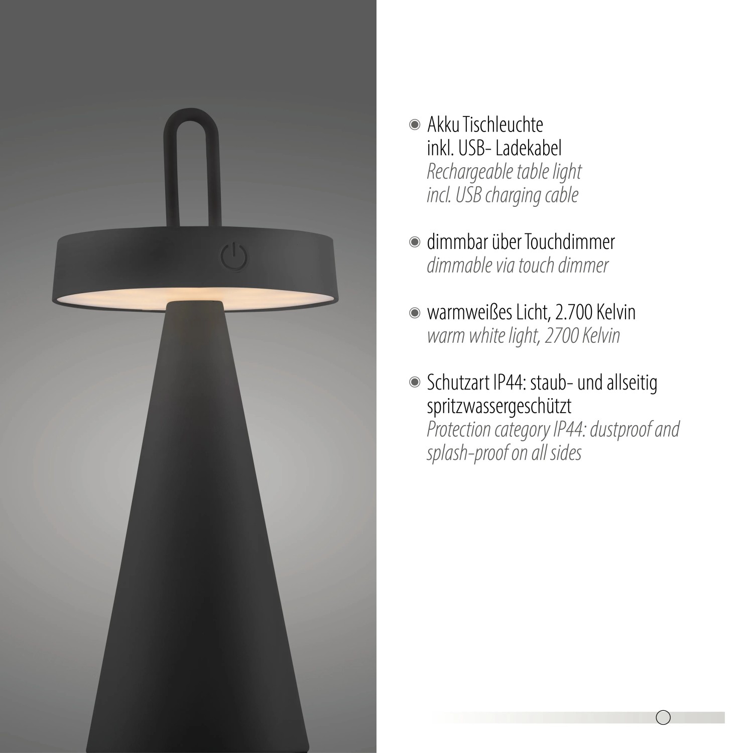 Schwarze LED-Akku-Tischleuchte Alwa, dimmbar, für Innen & Außen, 28,9 cm hoch.