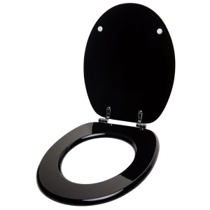 Sanilo WC-Sitz Schwarz aus Holz, geöffnet. Hochwertiger Toilettendeckel für Standard WC Becken.
