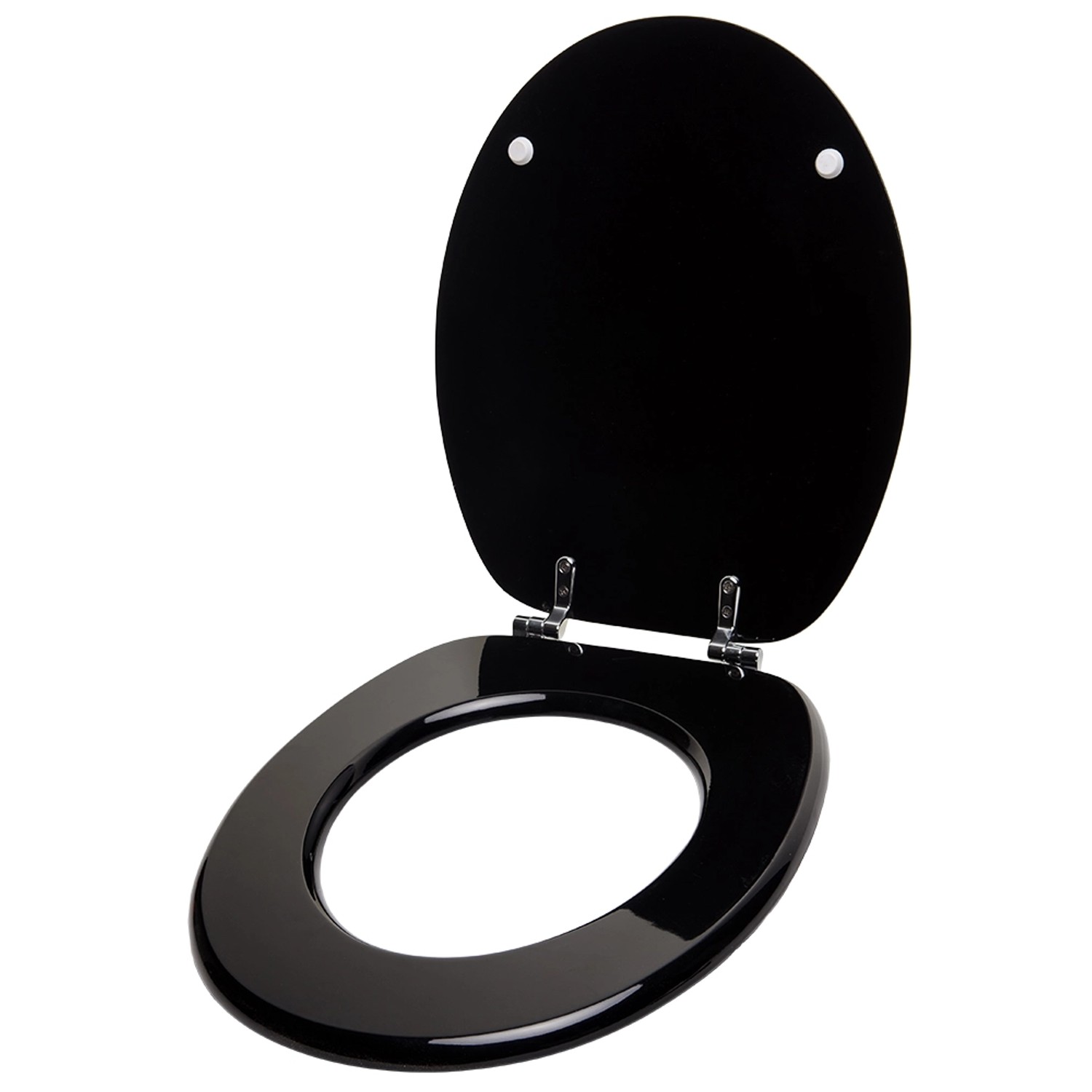 Sanilo WC-Sitz Schwarz aus Holz, geöffnet. Hochwertiger Toilettendeckel für Standard WC Becken.