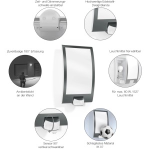 Steinel Außenwandleuchte L 22 S mit Bewegungsmelder, Edelstahlblende, 180° Erfassung.